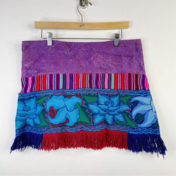Hand Crafted Dresses & Skirts - Handmade Baja Tapestry Embroidered Floral Fringe Guatemalan Artsy Festival Skirt